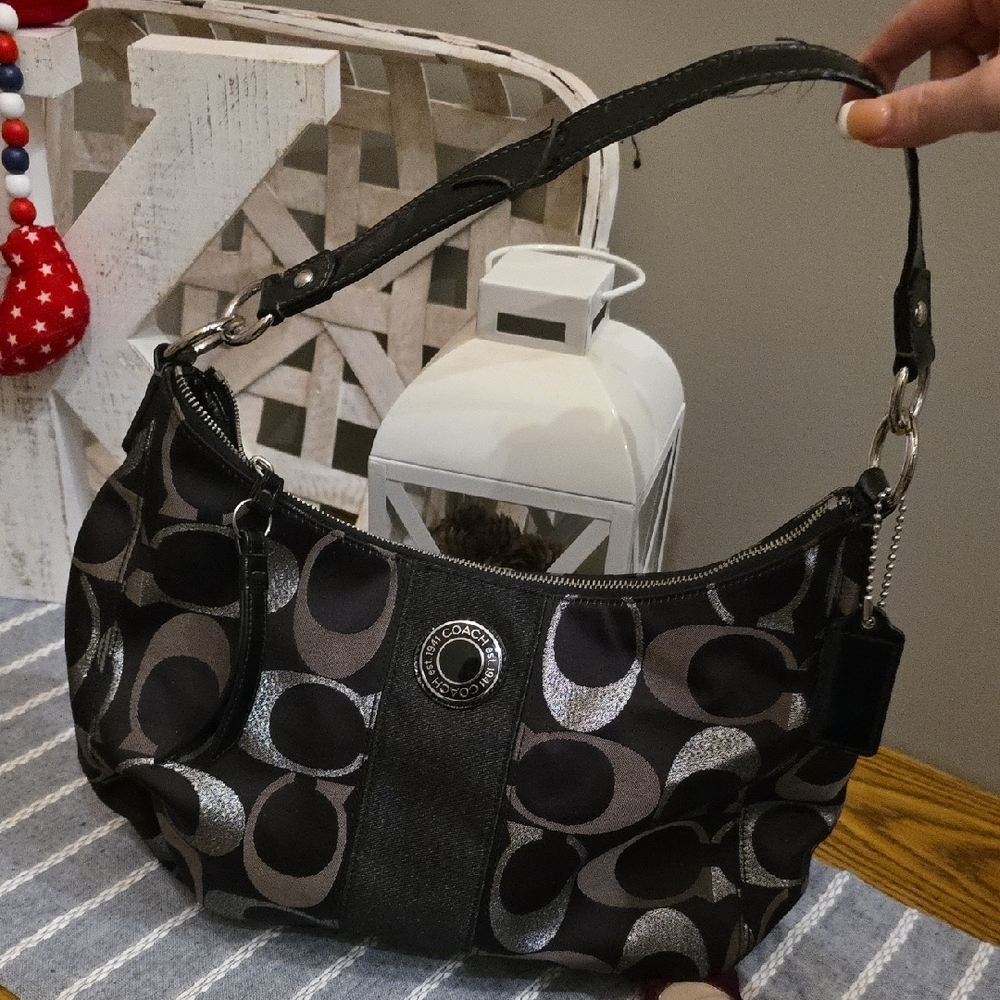 Coach Black and Gray Signature Shoulder Bag